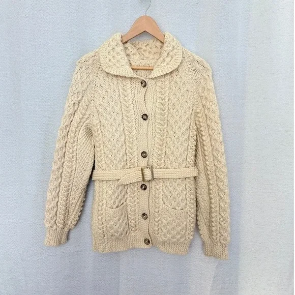 VTG Cream Cable Knit Acrylic Handmade Belted‎ Cardigan Collar Western Revival